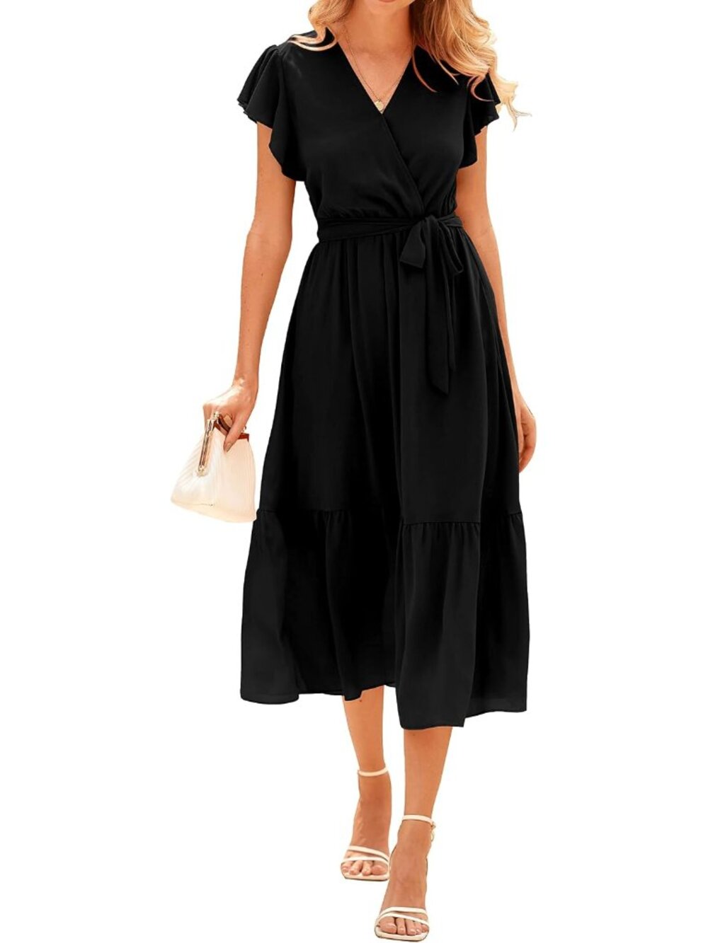 Women Summer Casual Wrap V Neck Ruffle Cap Sleeve Belted Midi Dress